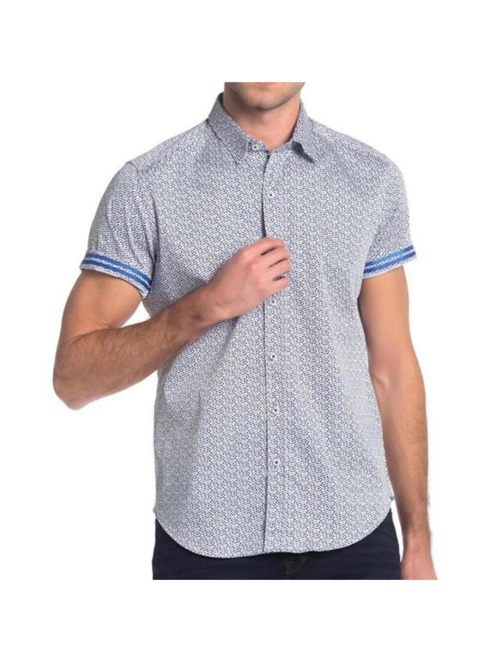 NWT Robert Graham Blue White Geometric Button Down Shirt Large Short Sleeve